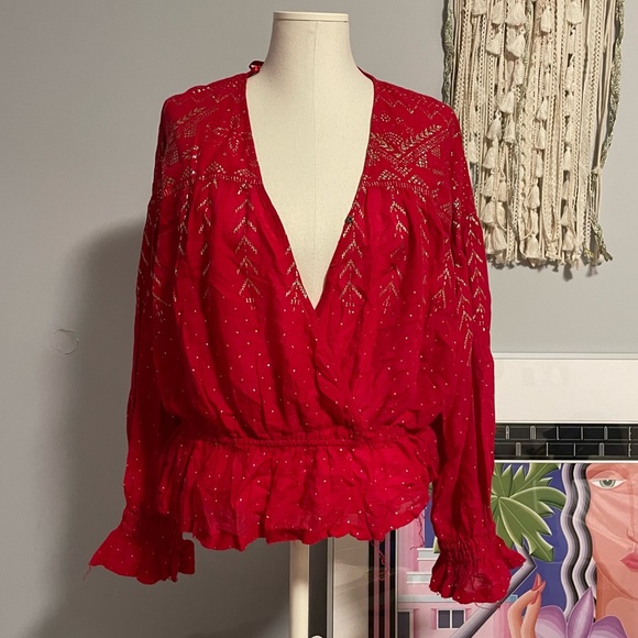 Free people oversized wrap blouse with golden print - Picture 1 of 7